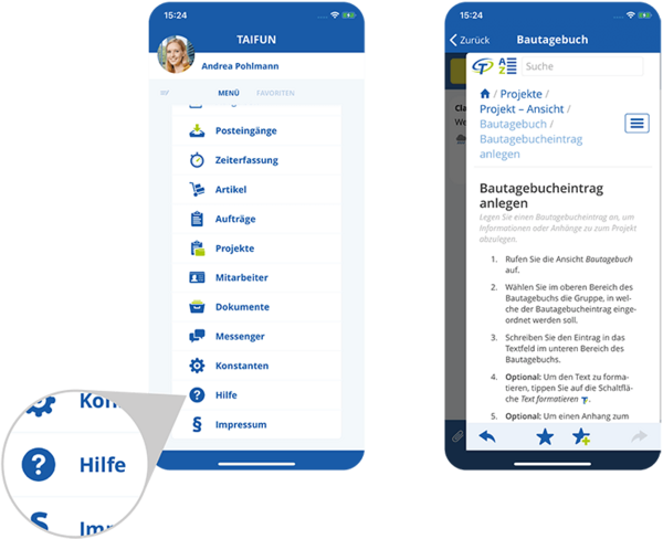 In-App-Hilfe in der Monteur-App von TAIFUN