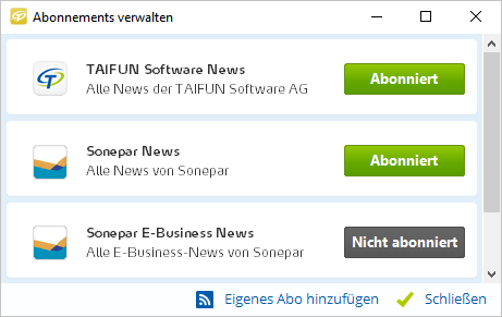 Abonnements von RSS-Feeds im TAIFUN-Newsticker