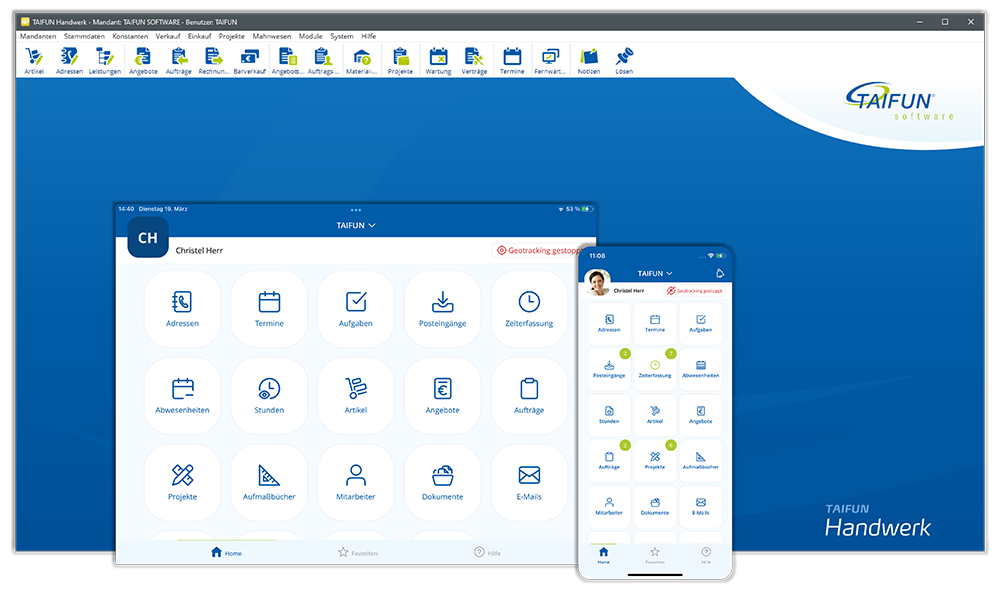 Handwerkersoftware von TAIFUN für Desktop, Smartphone und Tablet
