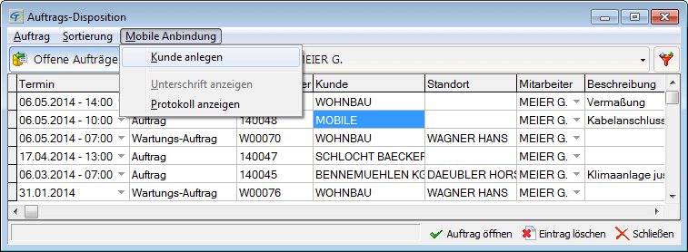 Voll integriert in die neue Auftrags-Disposition: mobile Aufträge