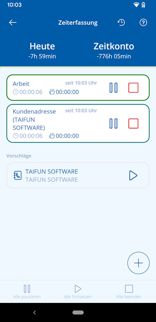 TAIFUN Android App: Zeit stempeln