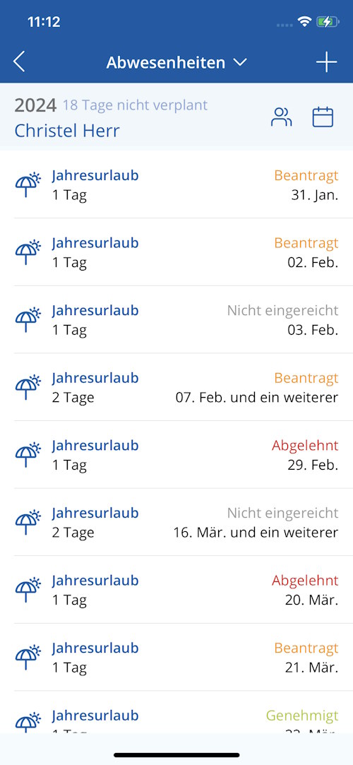 TAIFUN iOS App: Abwesenheiten - Übersicht