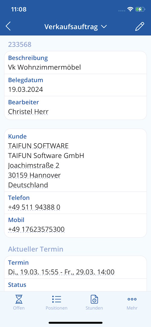 TAIFUN iOS App: Auftrag