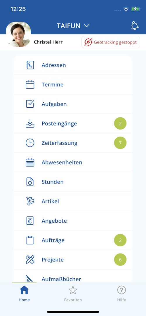 TAIFUN iOS App: Home Bereich - Listenansicht