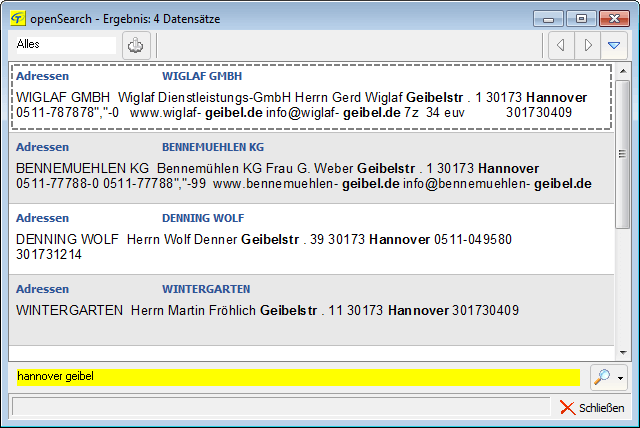 Bereits mit Eingabe des ersten Zeichens erhalten Sie eine Ergebnisliste